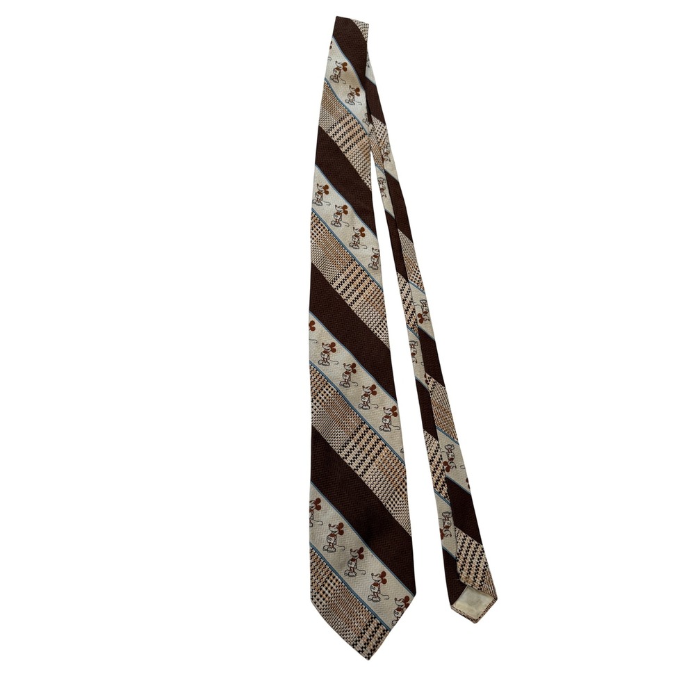 Vintage Mickey Mouse Disney Men Brown Tan Diagonal Stripe Character Necktie